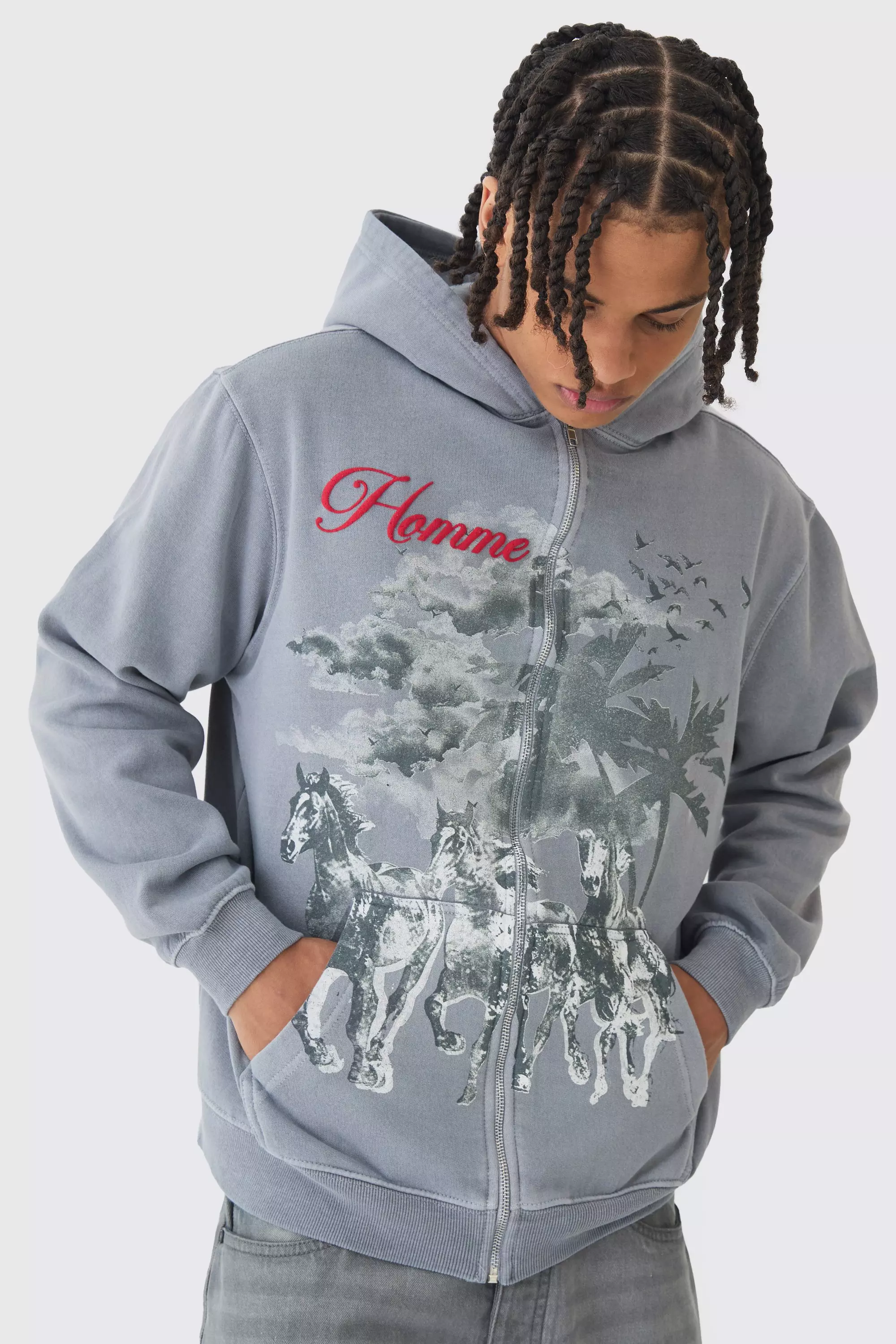 Oversized Washed Horse Print Zip Through Hoodie boohooMAN